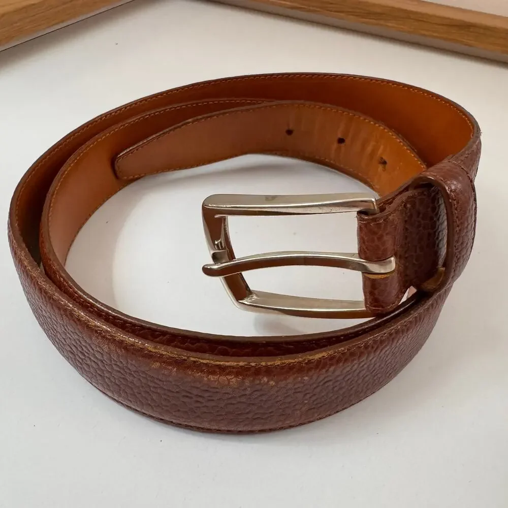 Vintage HUGO BOSS Calf Belt Brown Pebbled Leather Silver Buckle Size 100 USED